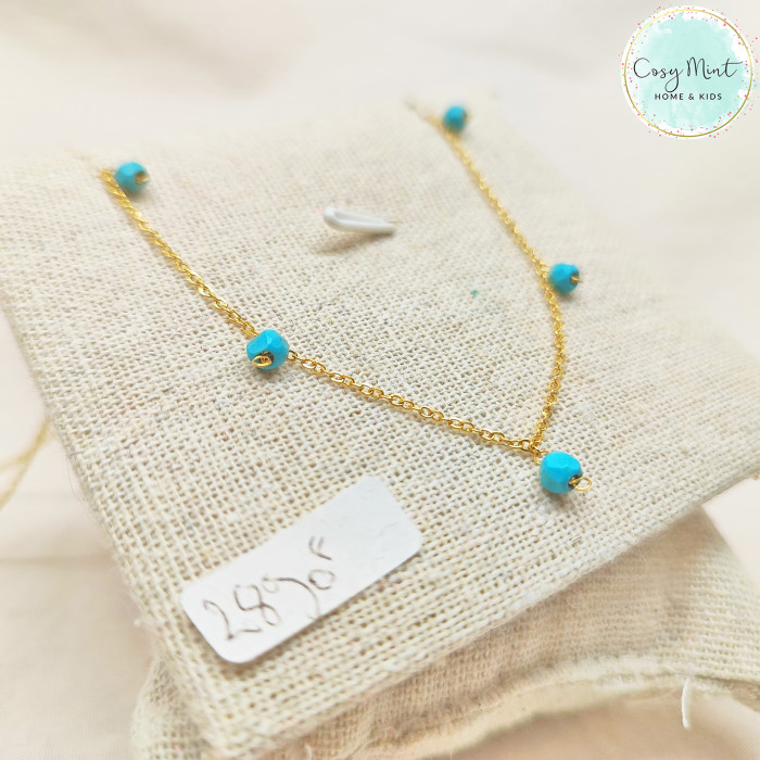 Collier long Acier 5 perles turquoise